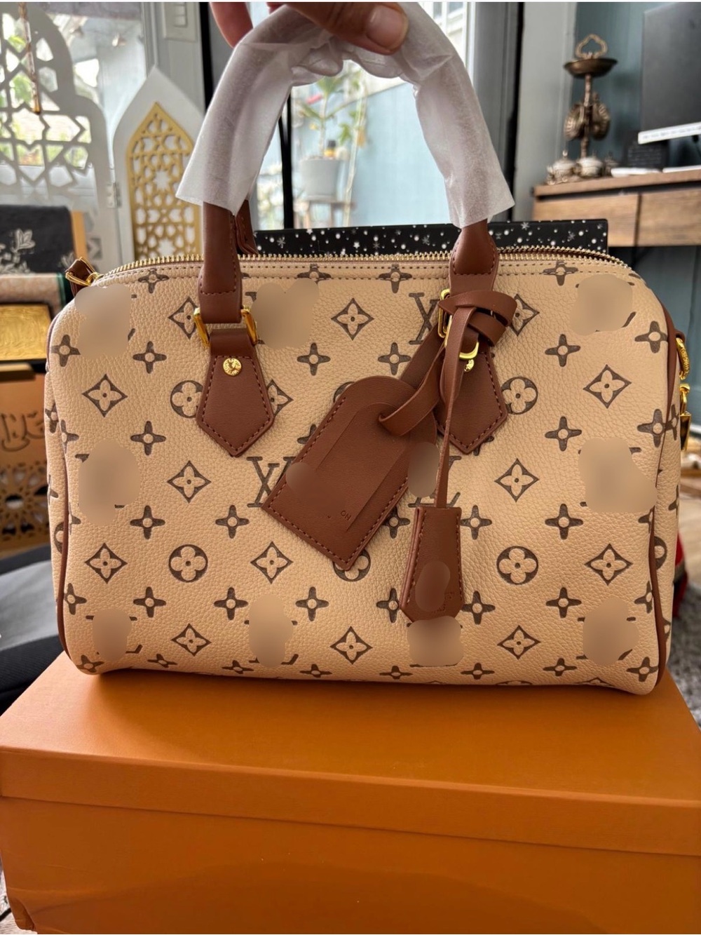 Beige & Brown Monogram Satchel Handbag